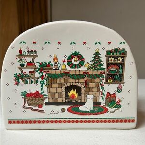 Festive Ceramic Holiday Napkin Holder with Fireplace Scene